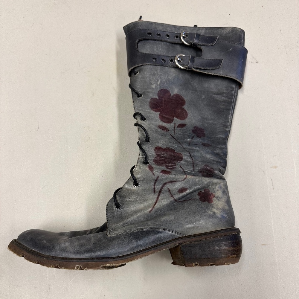 Leather tall boots, grey with flower design - size 38 Euro